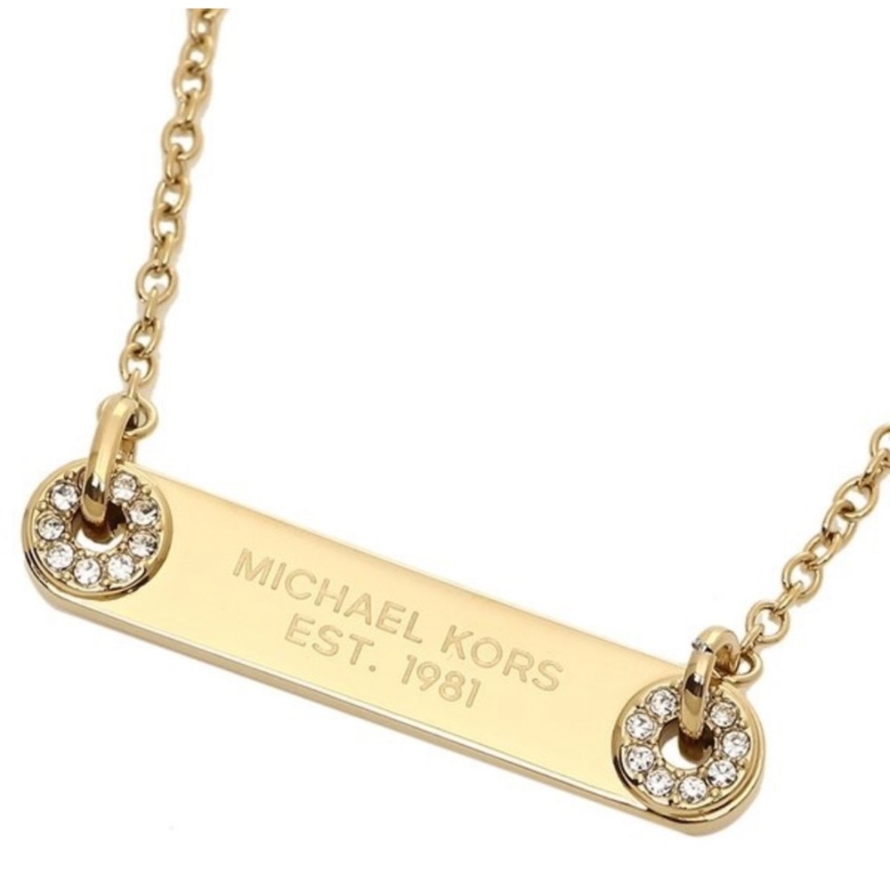Pave Gold Tone Logo Plaque Necklace